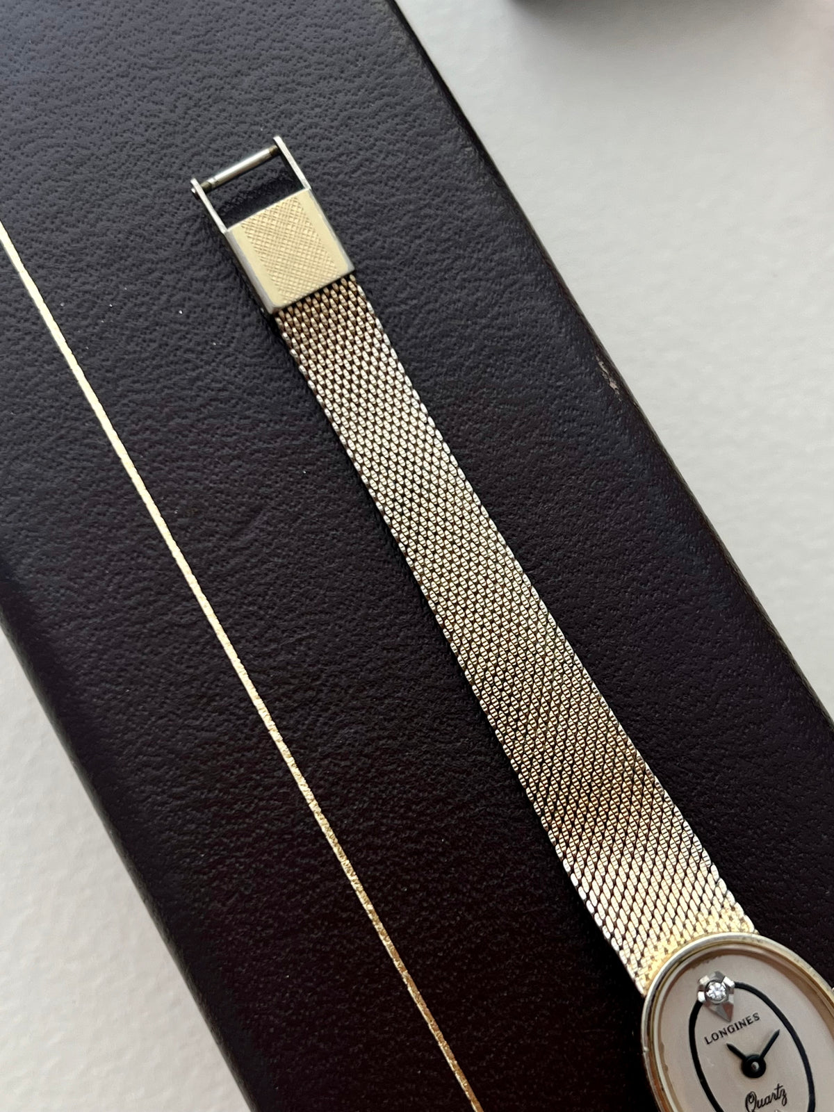 Caseback detail of the vintage Longines oval crystal-dial ladies watch.