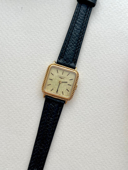 Longines Rope Bezel Linen Dial Leather watch 4333.817: close view of the dial and case.