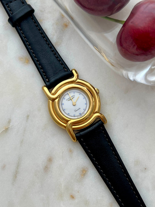 longines sculptural gold round watch watch, view 1.