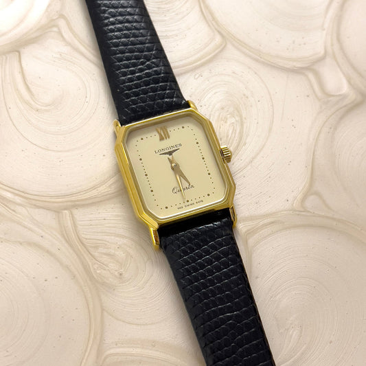 Longines Tank Soft Octo Women's Watch, wrist shot of a vintage women's watch at Gilded Hour.