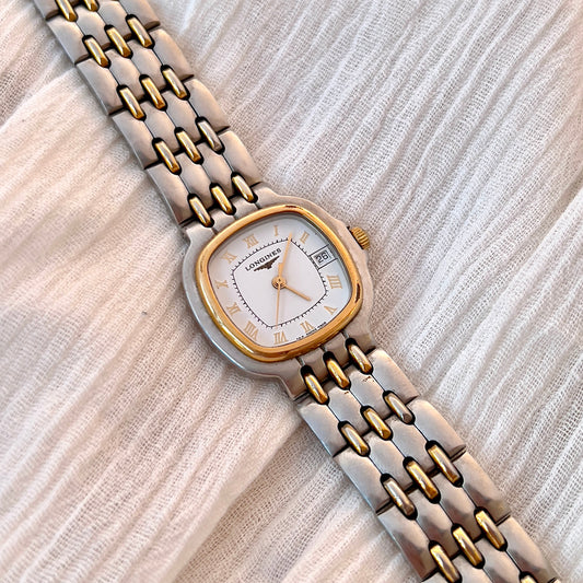Longines Two-Tone Cushion Ladies Watch – Roman Dial — watch face and case shown from the front.