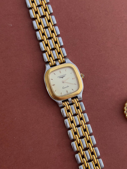 Longines Two Tone Cushion watch — champagne dial close up