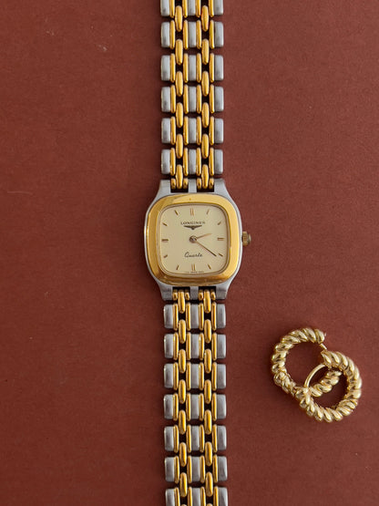 Longines Two Tone Cushion watch — gold bezel and bracelet detail