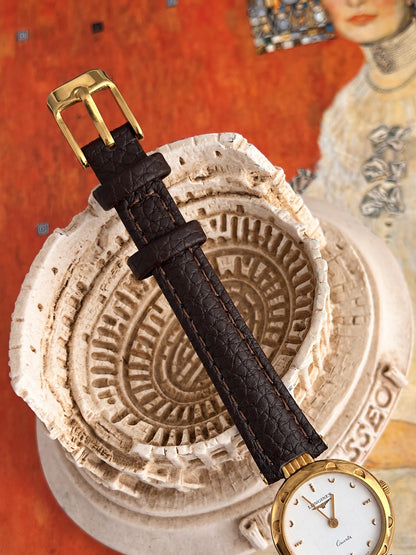 New aftermarket gold tone pin buckle and two leather keepers on the Longines brown leather strap.