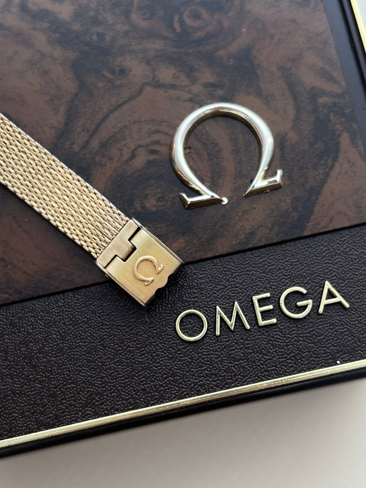 Omega 14k Gold Filled Women's Watch with Roman Dial and Mesh Bracelet, dial close up of a vintage women's watch at Gilded Hour.