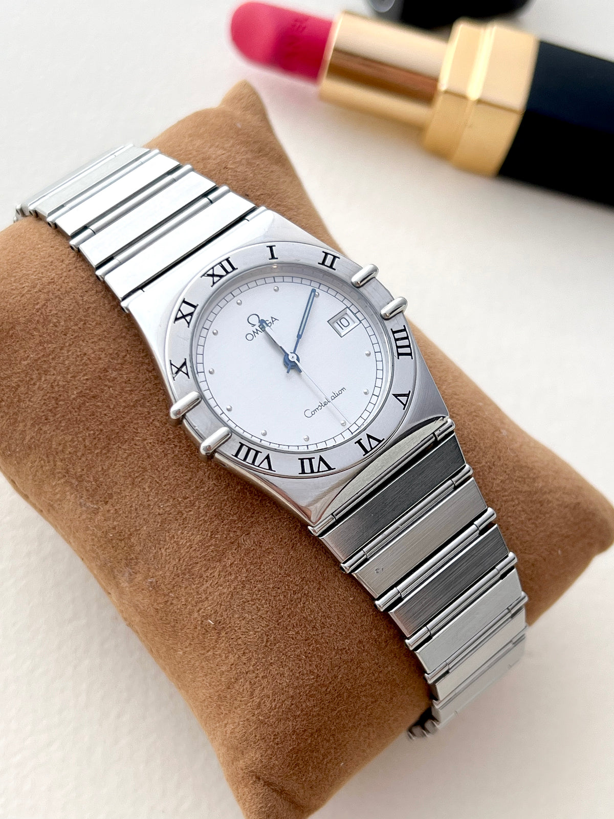 Omega Constellation Manhattan Stainless Steel Watch, wrist shot of a vintage women's watch at Gilded Hour.