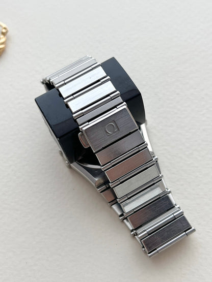 Omega Constellation Manhattan Stainless Steel Watch, caseback detail of a vintage women's watch at Gilded Hour.