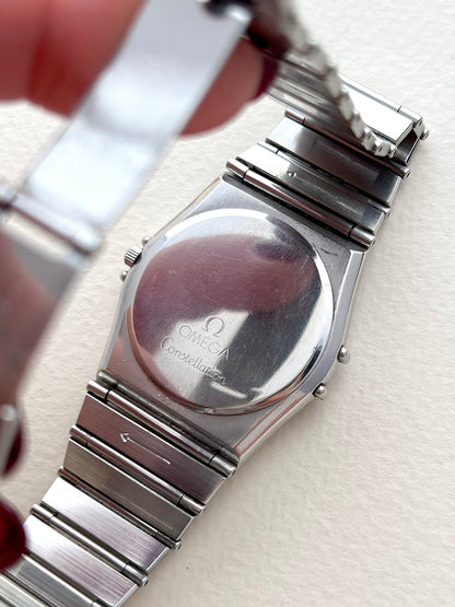 Omega Constellation Manhattan Stainless Steel Watch, bracelet detail of a vintage women's watch at Gilded Hour.