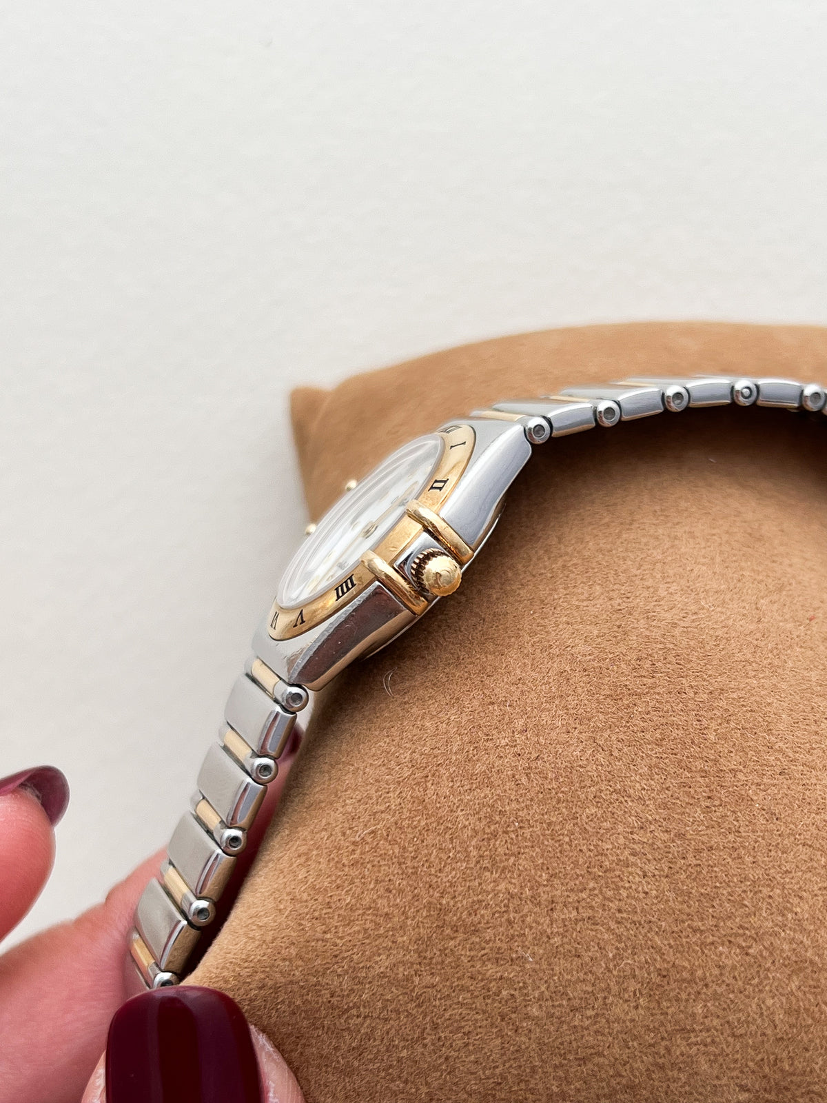 Front view of the two-tone Omega Constellation Manhattan watch.