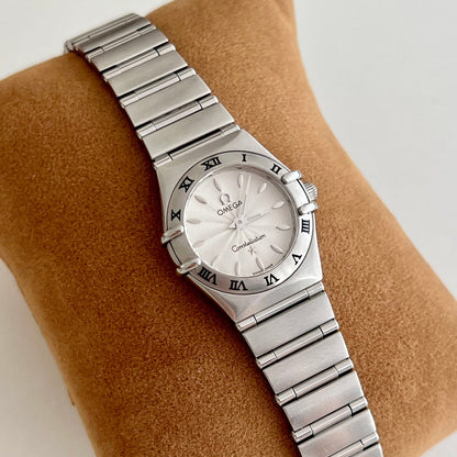 Omega Constellation Mini Guilloche Dial Women's Watch, dial close up of a vintage women's watch at Gilded Hour.