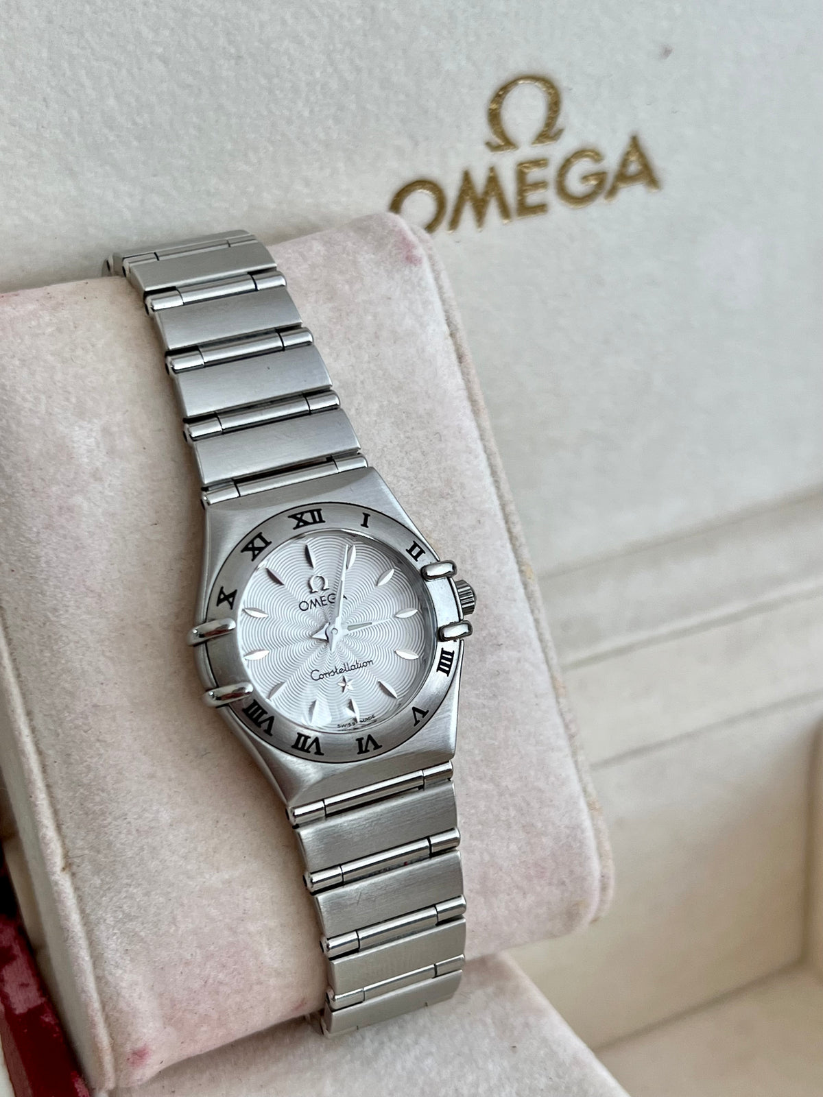 Omega Constellation Mini Guilloche Dial Women's Watch, dial close up of a vintage women's watch at Gilded Hour.