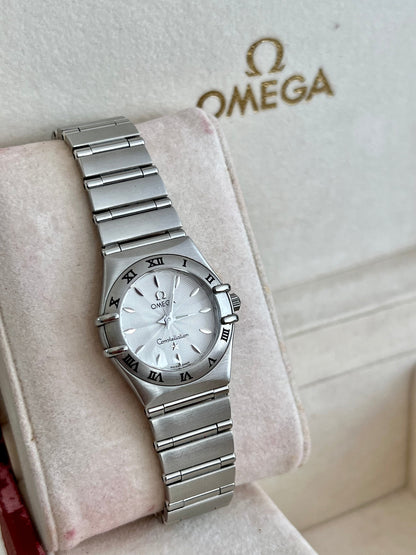 Omega Constellation Mini Guilloche Dial Women's Watch, dial close up of a vintage women's watch at Gilded Hour.