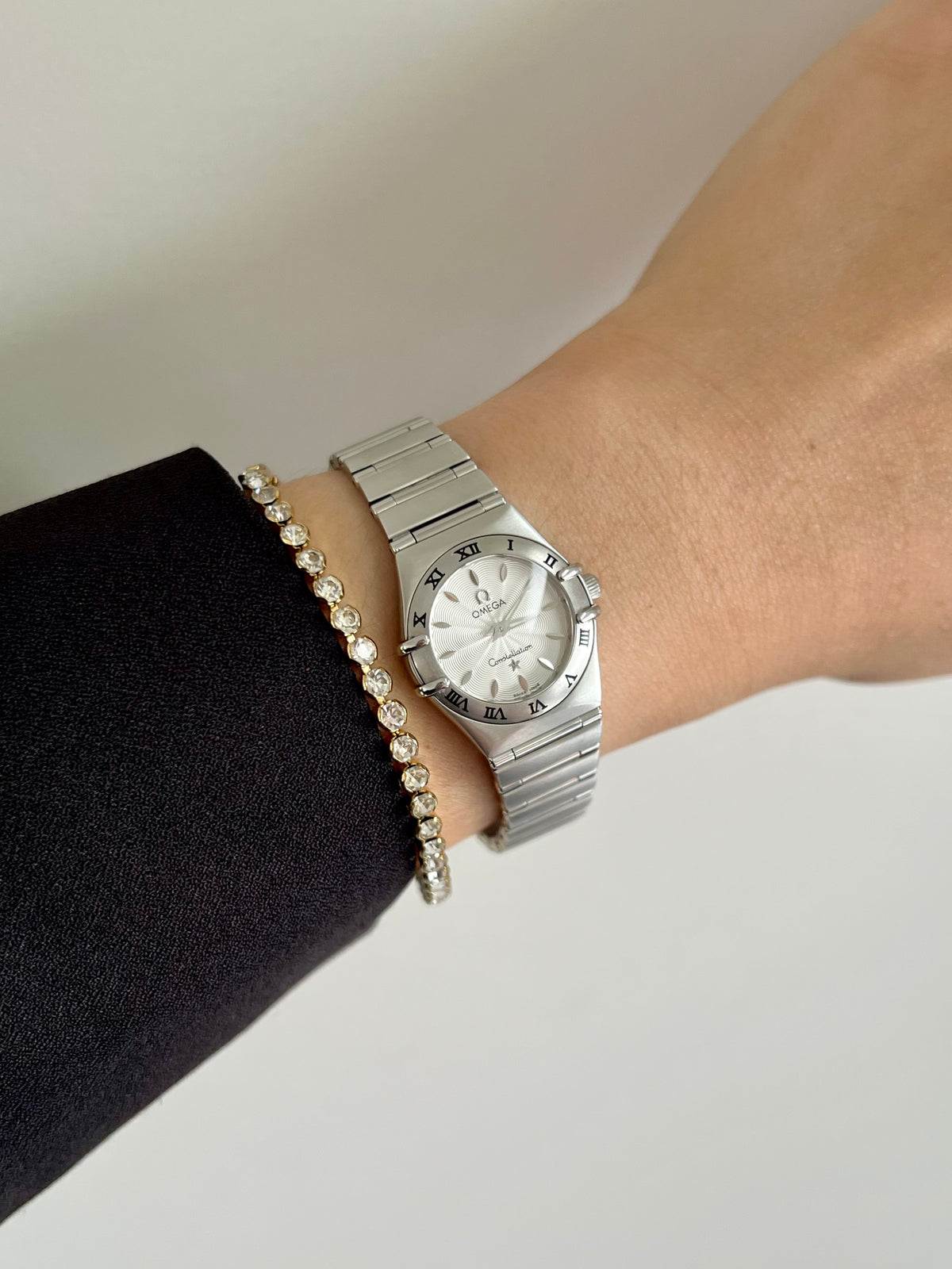 Omega Constellation Mini Guilloche Dial Women's Watch, dial close up of a vintage women's watch at Gilded Hour.