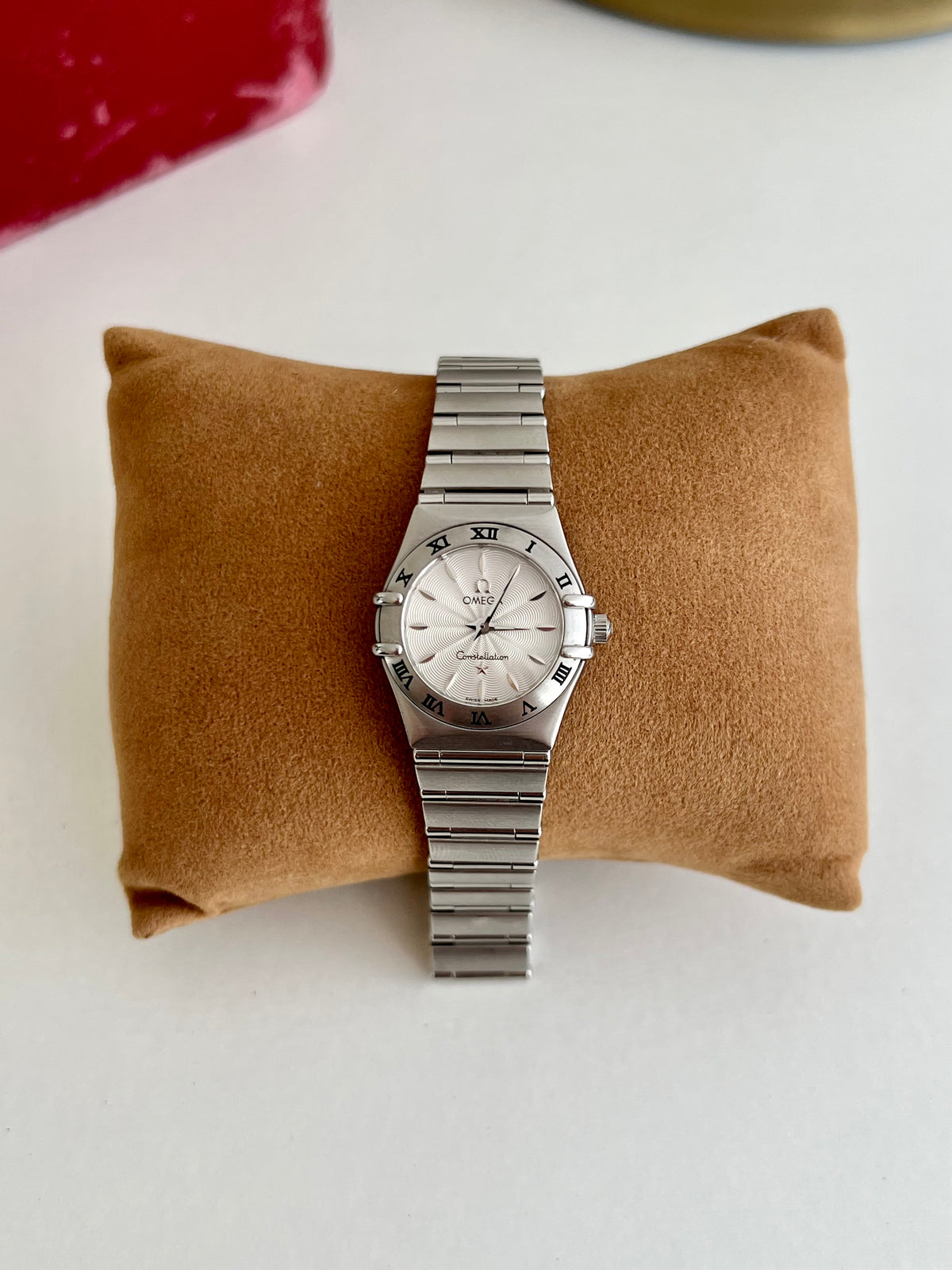 Omega Constellation Mini Guilloche Dial Women's Watch, dial close up of a vintage women's watch at Gilded Hour.