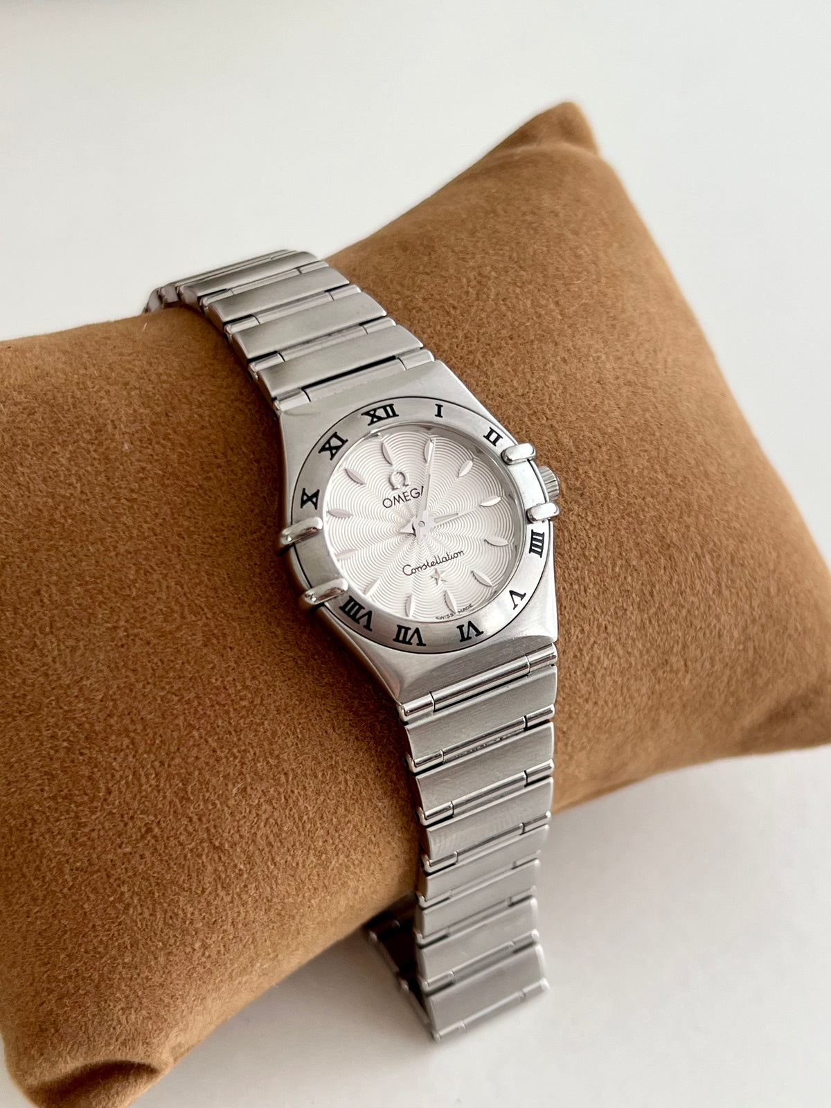 Omega Constellation Mini Guilloche Dial Women's Watch, dial close up of a vintage women's watch at Gilded Hour.