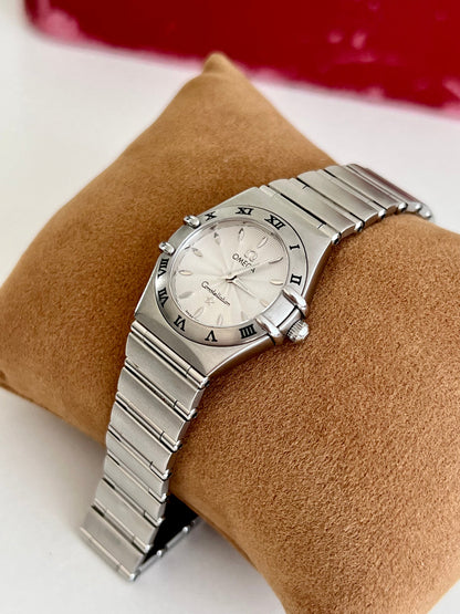 Omega Constellation Mini Guilloche Dial Women's Watch, dial close up of a vintage women's watch at Gilded Hour.