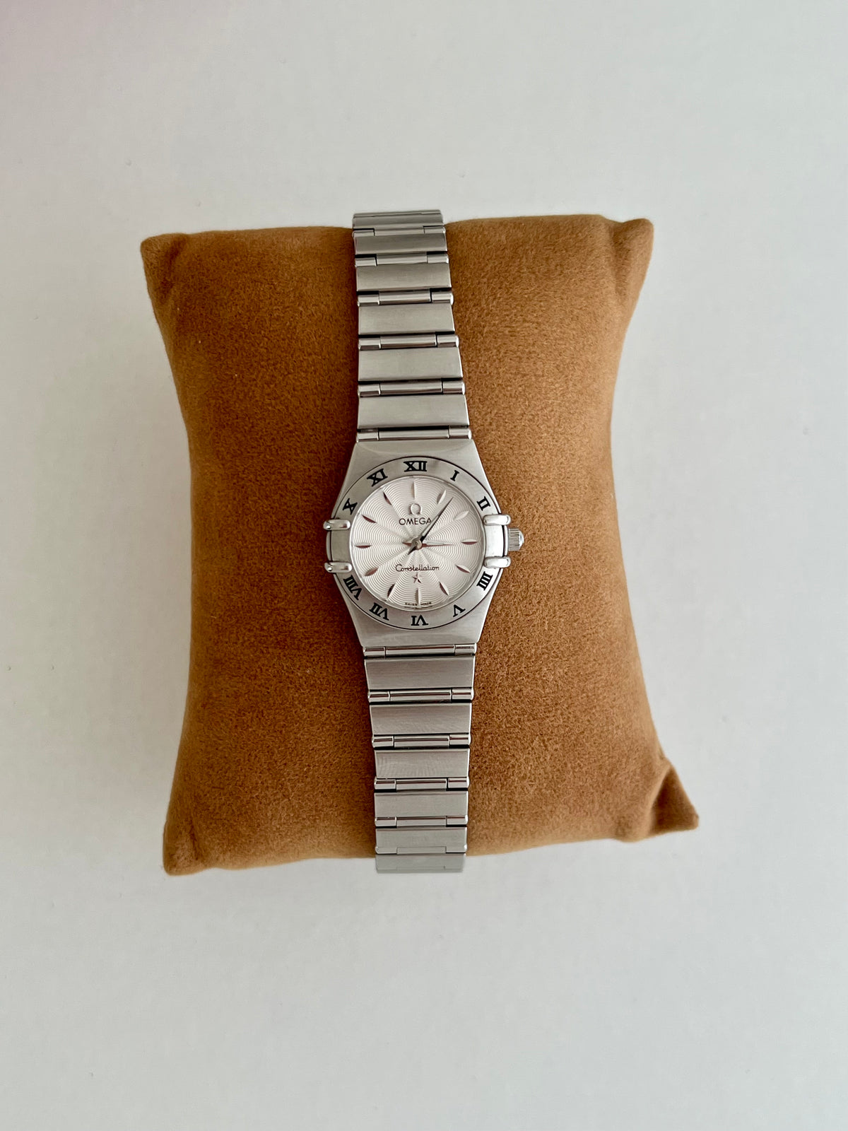 Omega Constellation Mini Guilloche Dial Women's Watch, dial close up of a vintage women's watch at Gilded Hour.