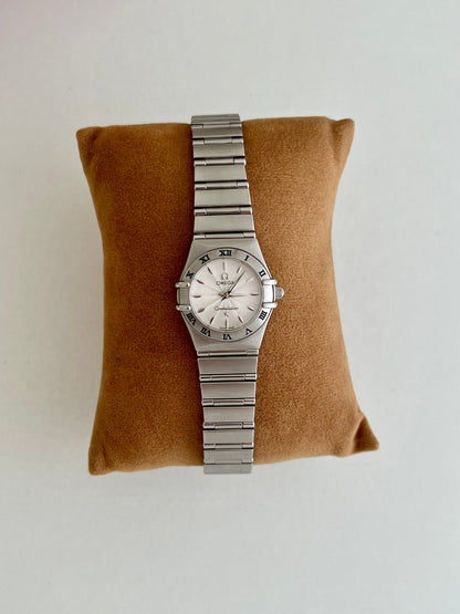Omega Constellation Mini Guilloche Dial Women's Watch, dial close up of a vintage women's watch at Gilded Hour.