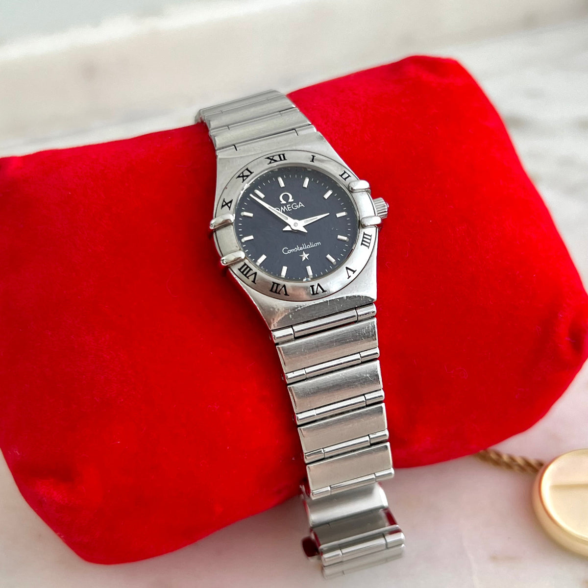 Omega Constellation Mini Midnight Blue Patterned Dial Women's Watch, dial close up of a vintage women's watch at Gilded Hour.