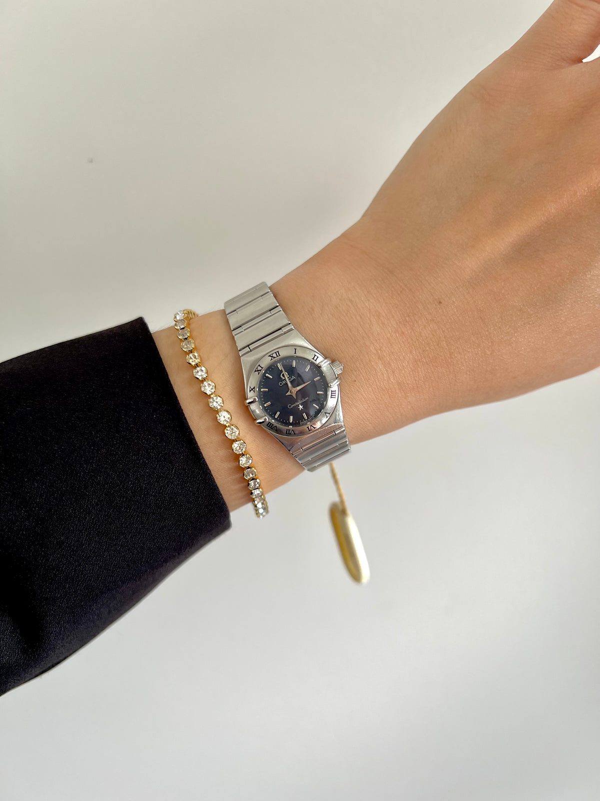 Omega Constellation Mini Midnight Blue Patterned Dial Women's Watch, dial close up of a vintage women's watch at Gilded Hour.