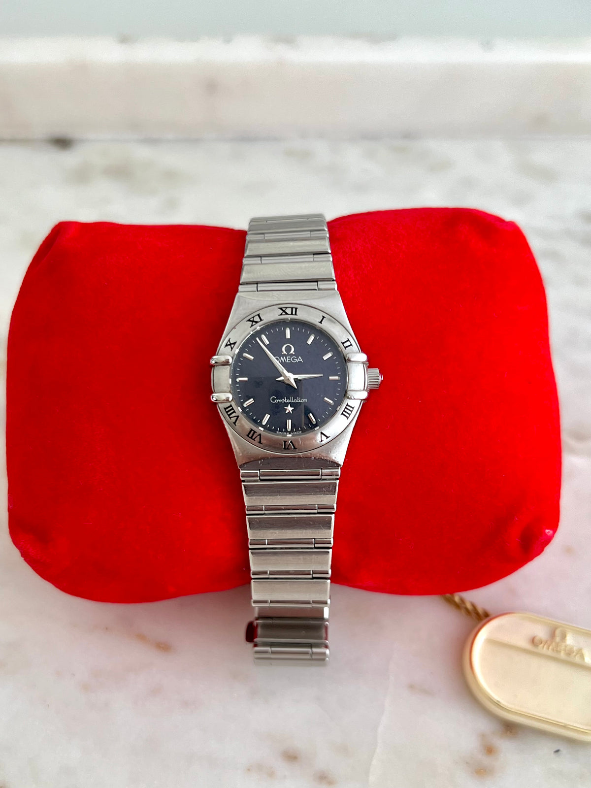 Omega Constellation Mini Midnight Blue Patterned Dial Women's Watch, dial close up of a vintage women's watch at Gilded Hour.