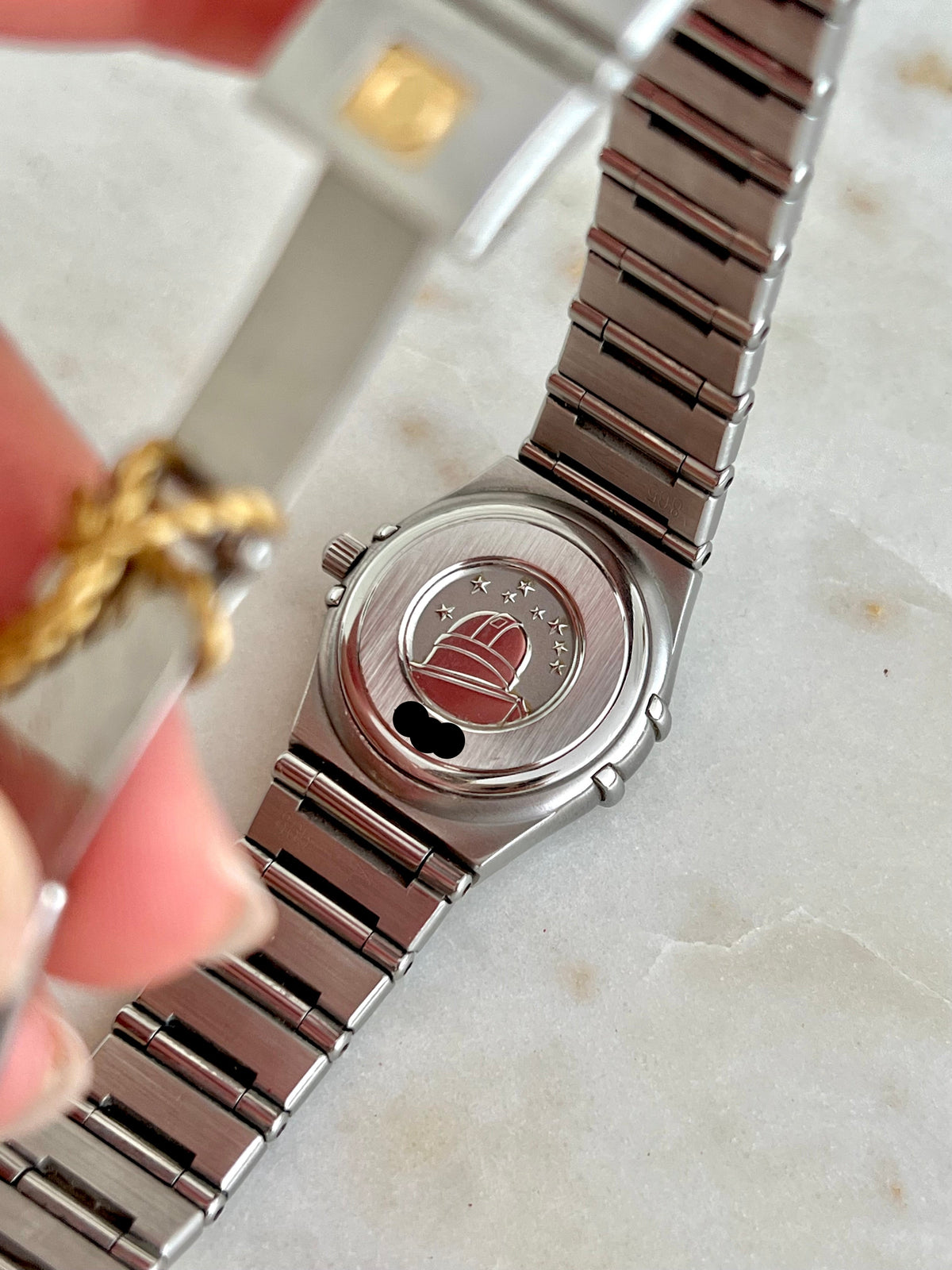 Omega Constellation Mini Midnight Blue Patterned Dial Women's Watch, dial close up of a vintage women's watch at Gilded Hour.