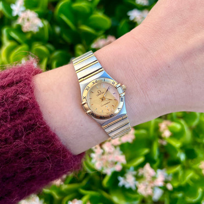 Omega Constellation Mini Two-tone Women’s Watch Gold Face, dial close up of a vintage women's watch at Gilded Hour.