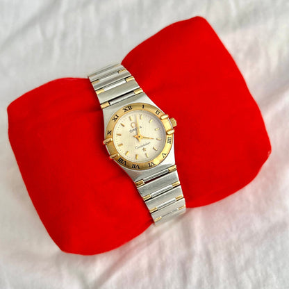 Omega Constellation Mini Two-tone Women’s Watch, caseback detail of a vintage women's watch at Gilded Hour.