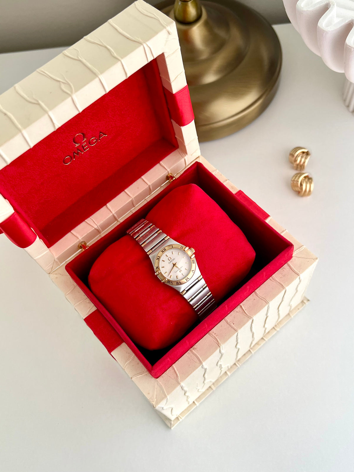 Omega Constellation Mini Two-tone Women’s Watch, front view of a vintage women's watch at Gilded Hour.