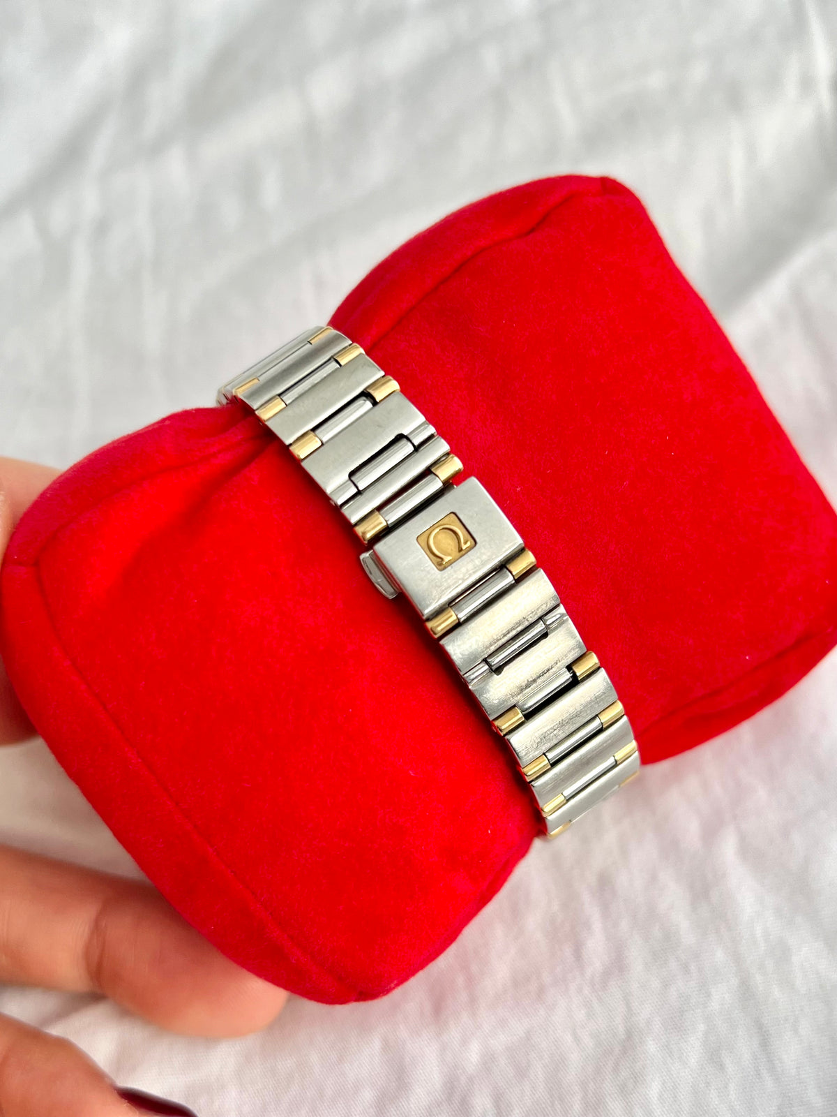 Omega Constellation Mini Two-tone Women’s Watch, wrist shot of a vintage women's watch at Gilded Hour.