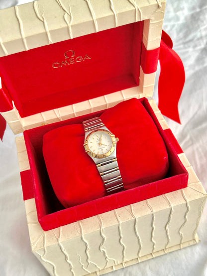 Omega Constellation Mini Two-tone Women’s Watch, caseback detail of a vintage women's watch at Gilded Hour.