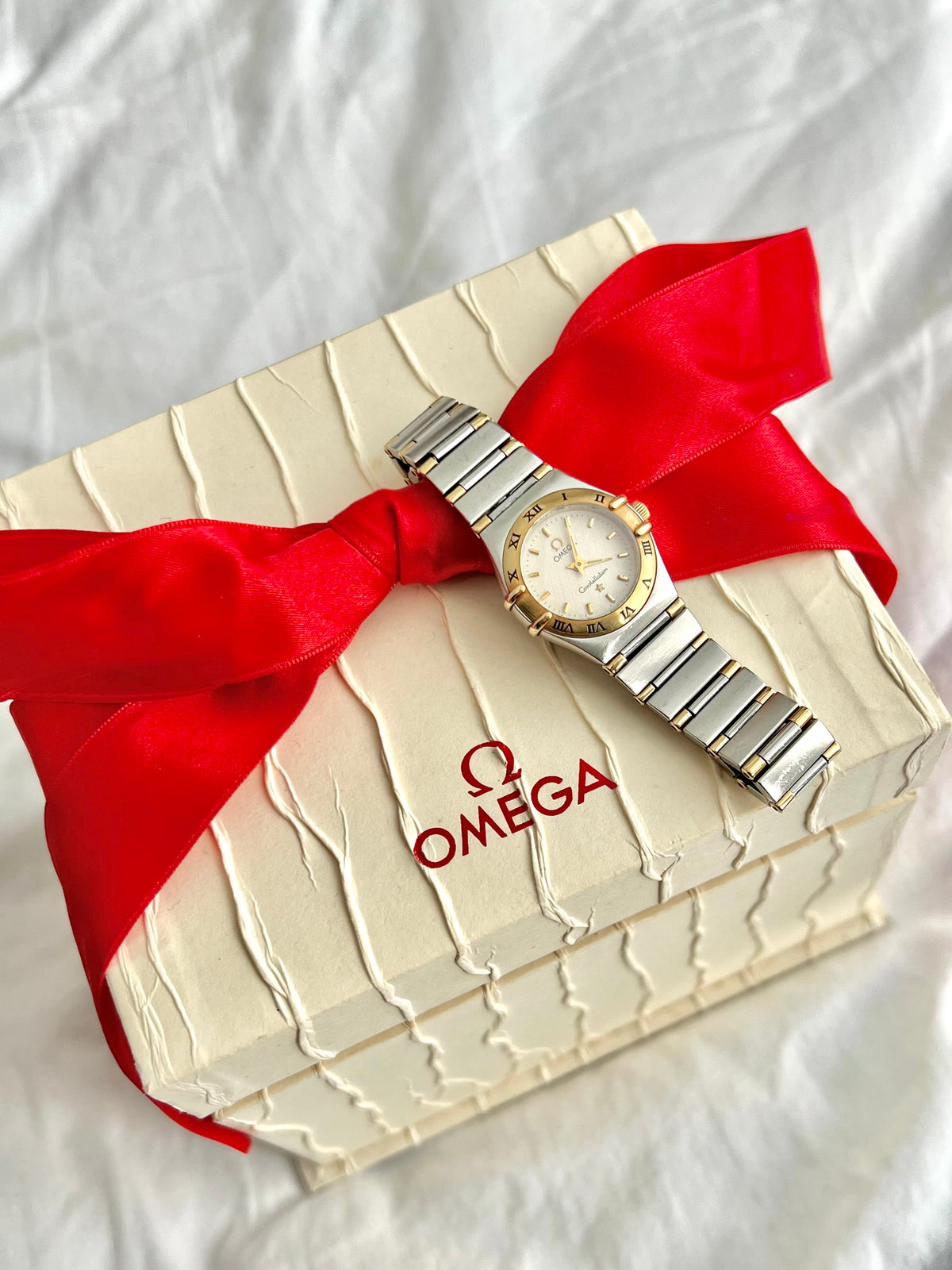 Omega Constellation Mini Two-tone Women’s Watch, box set of a vintage women's watch at Gilded Hour.