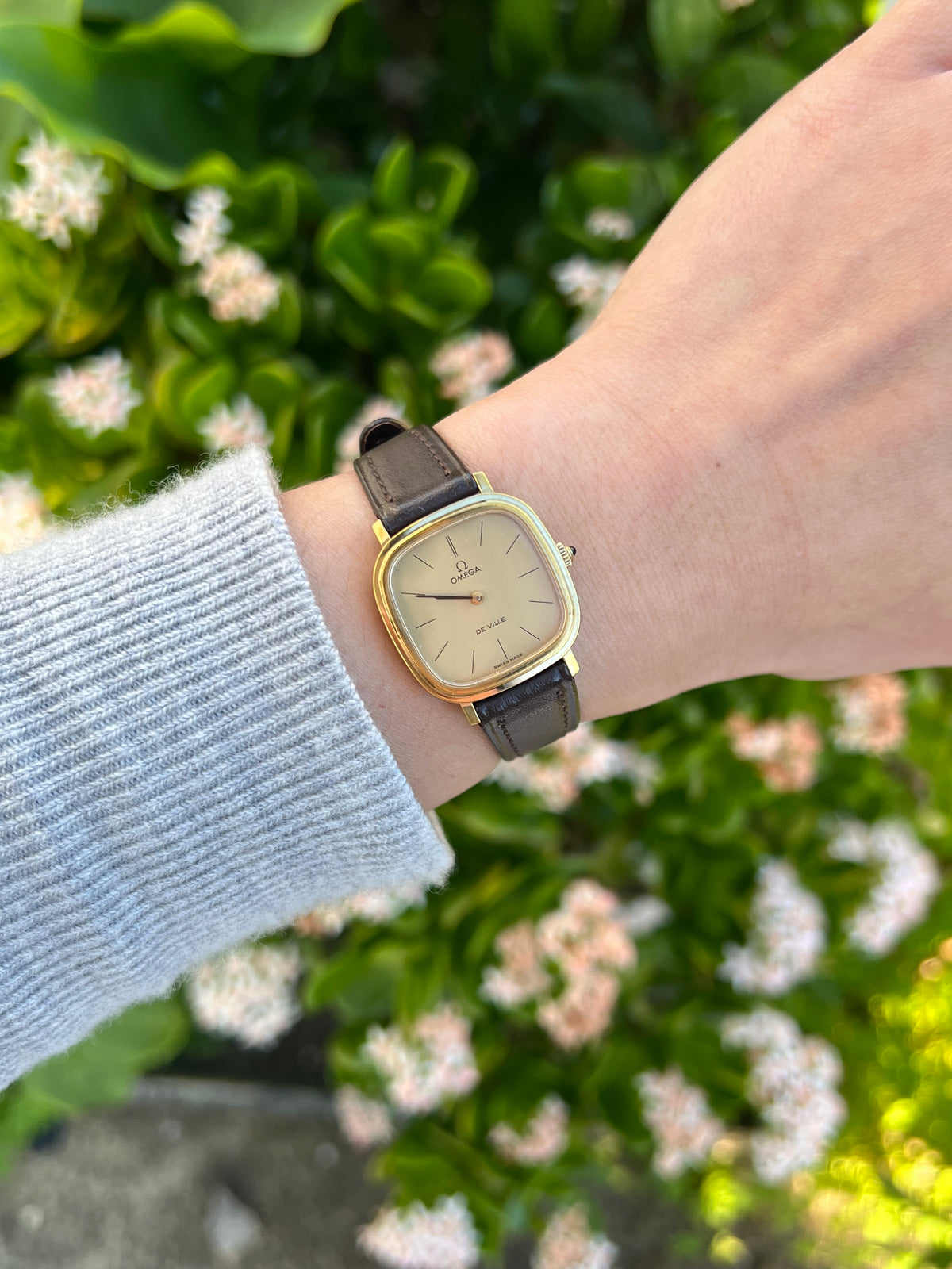 Omega Cushioned Gold Toned Woman's Watch worn on a wrist with a dark leather strap and champagne dial.