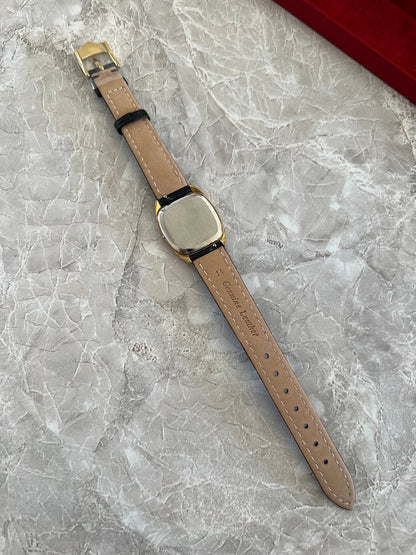 Reverse of Omega De Ville 591.0099 showing stainless steel caseback and leather strap underside