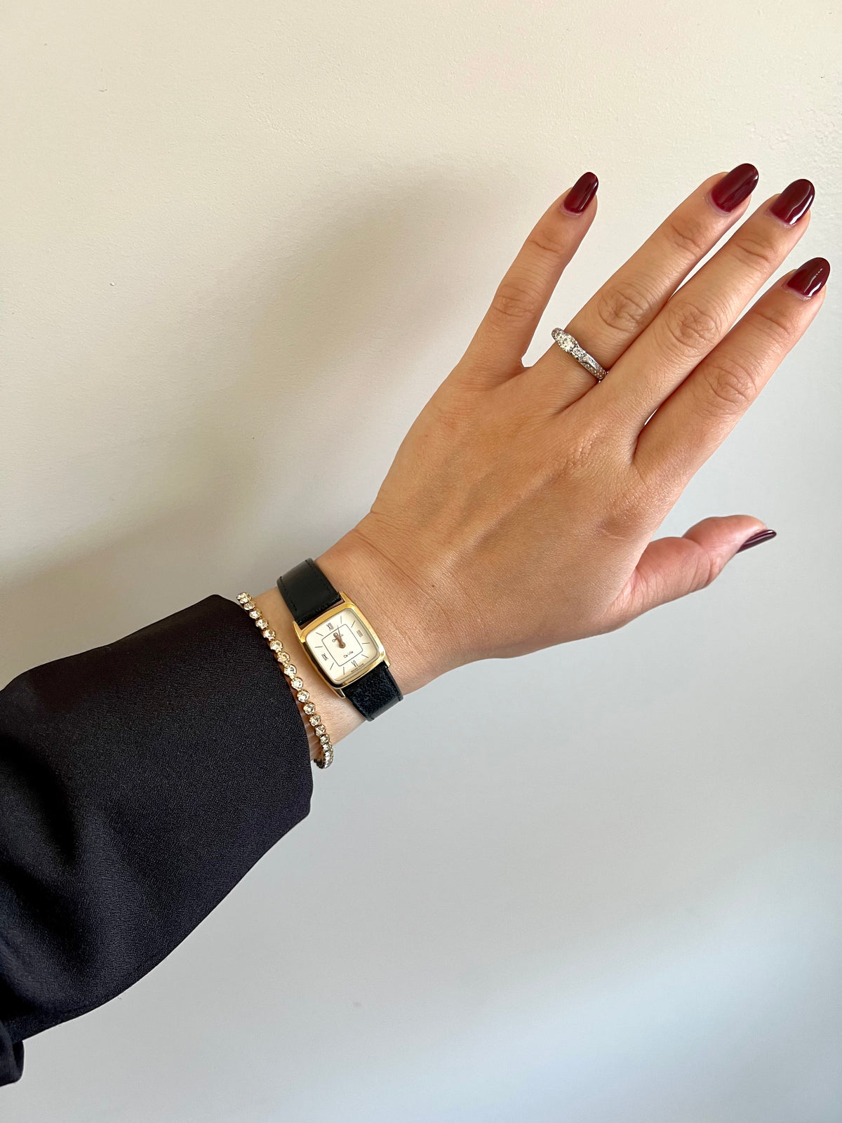 Front view of the Omega De Ville gold-tone rectangular ladies watch.