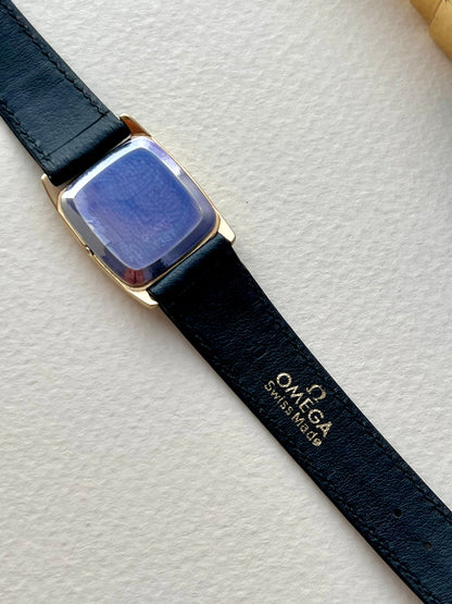 Original black leather strap on the Omega De Ville watch.