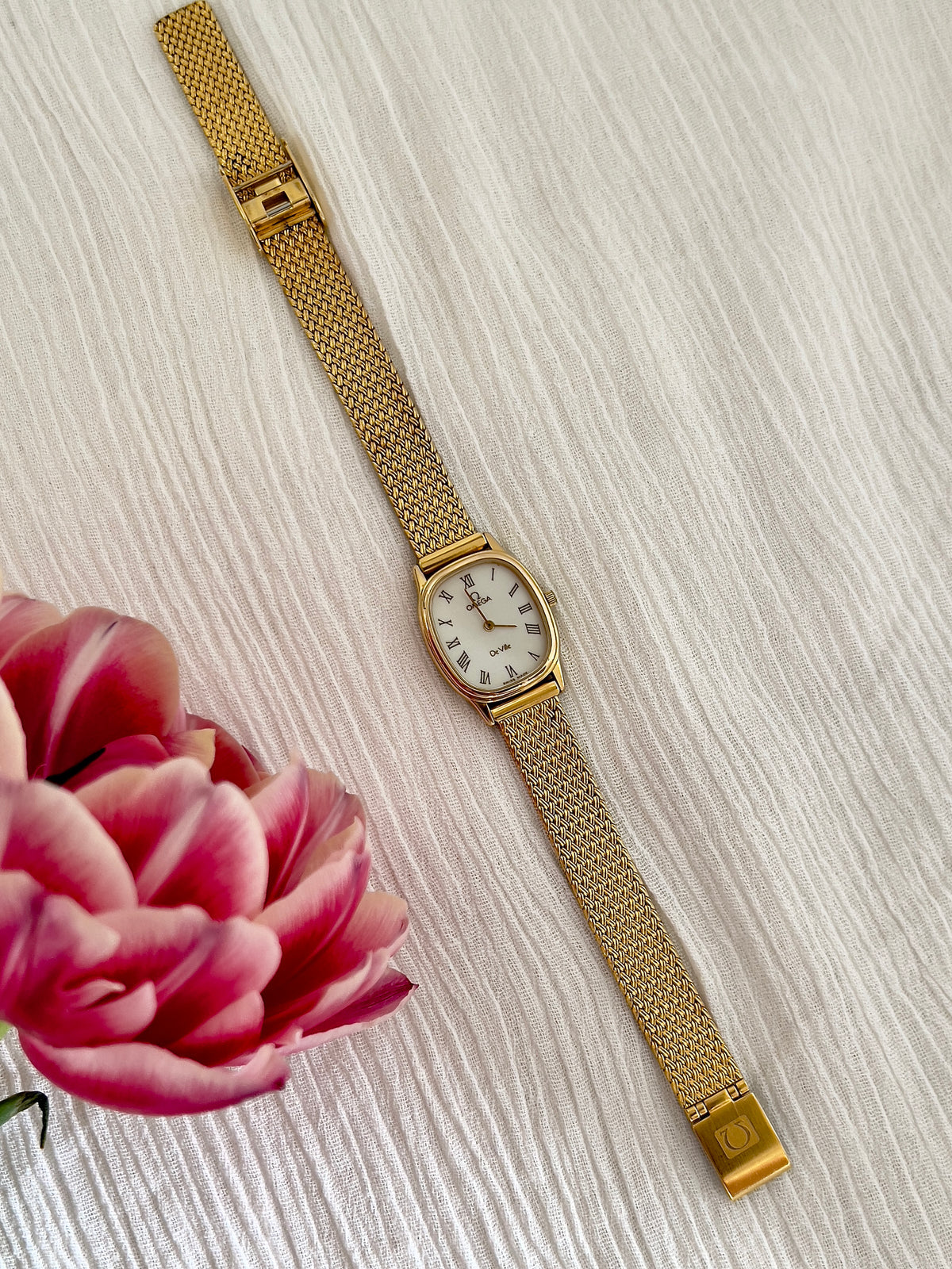 Omega De Ville champagne dial watch shown on a wrist.