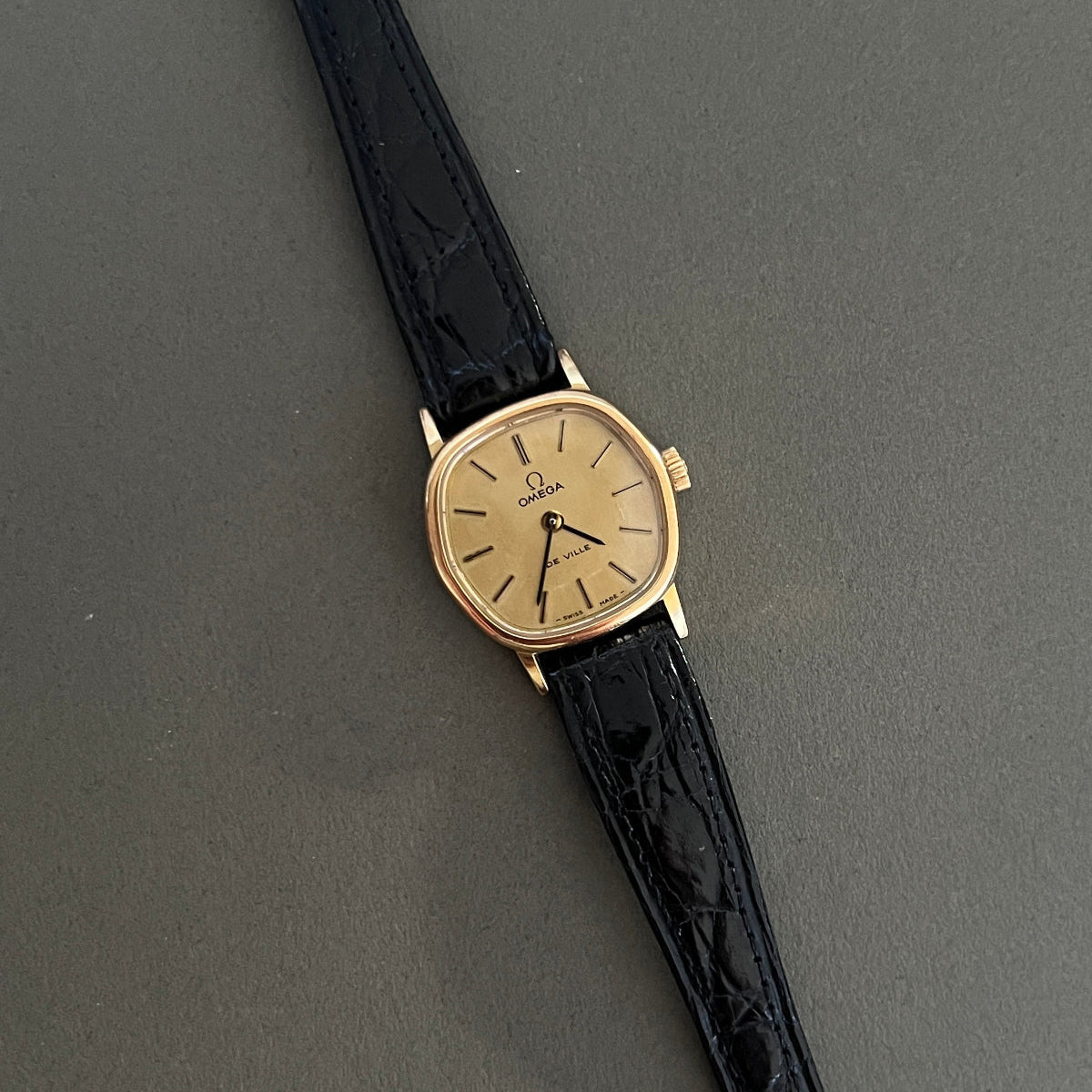 Omega De Ville Cushion Case Woman's Watch, caseback detail of a vintage women's watch at Gilded Hour.