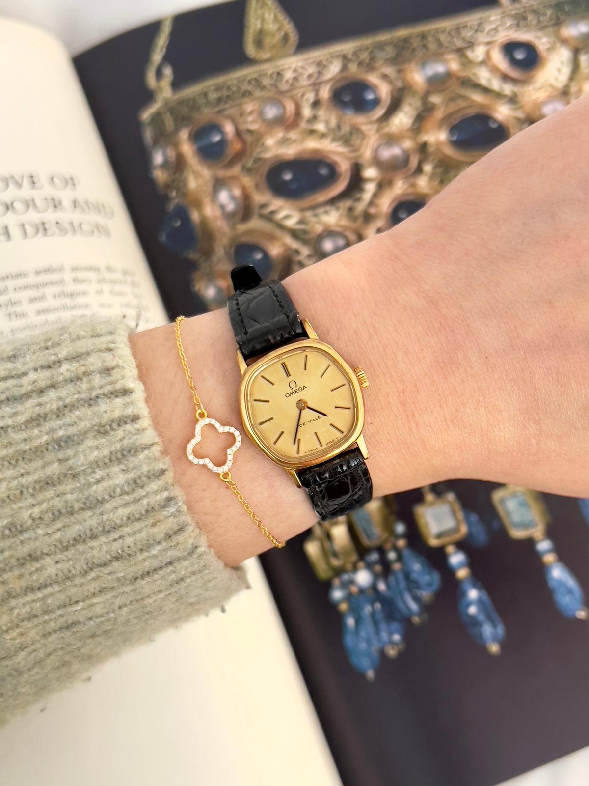 Omega De Ville Cushion Case Woman's Watch, dial close up of a vintage women's watch at Gilded Hour.