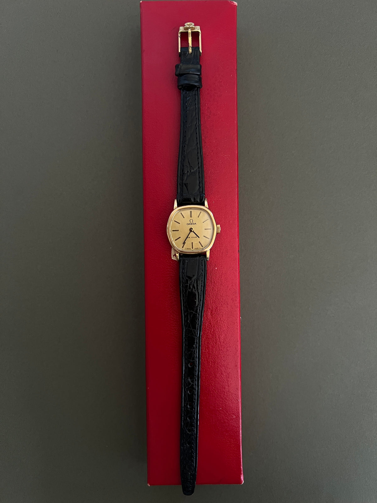Omega De Ville Cushion Case Woman's Watch, case profile of a vintage women's watch at Gilded Hour.