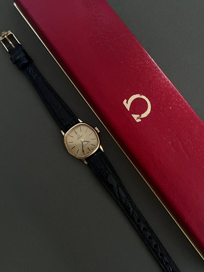 Omega De Ville Cushion Case Woman's Watch, bracelet detail of a vintage women's watch at Gilded Hour.