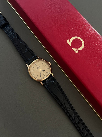 Omega De Ville Cushion Case Woman's Watch, caseback detail of a vintage women's watch at Gilded Hour.