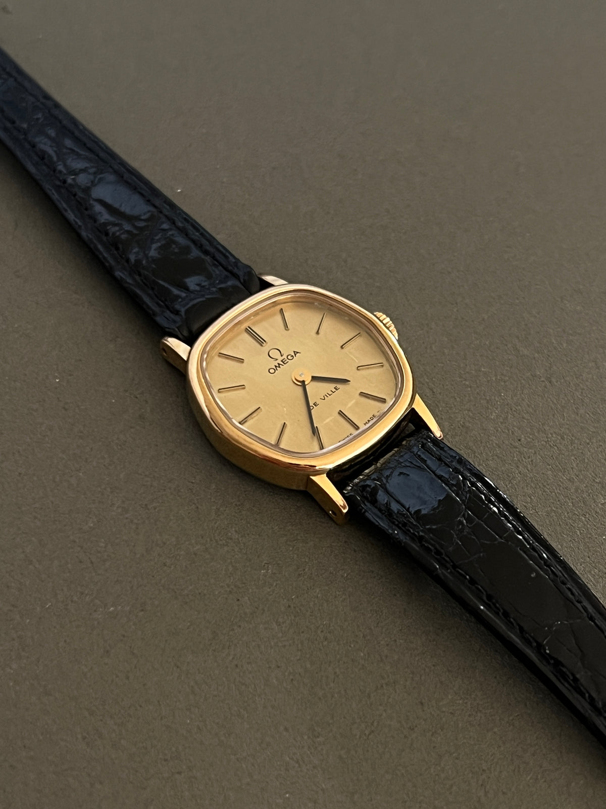 Omega De Ville Cushion Case Woman's Watch, box set of a vintage women's watch at Gilded Hour.