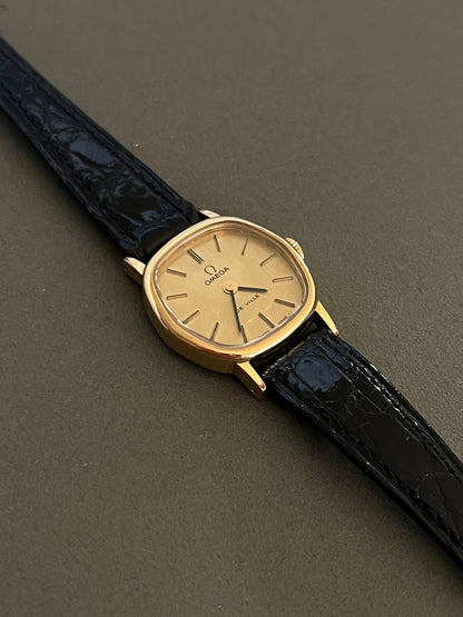 Omega De Ville Cushion Case Woman's Watch, box set of a vintage women's watch at Gilded Hour.