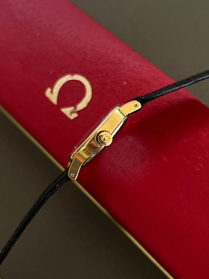 Omega De Ville Cushion Case Woman's Watch, front view of a vintage women's watch at Gilded Hour.