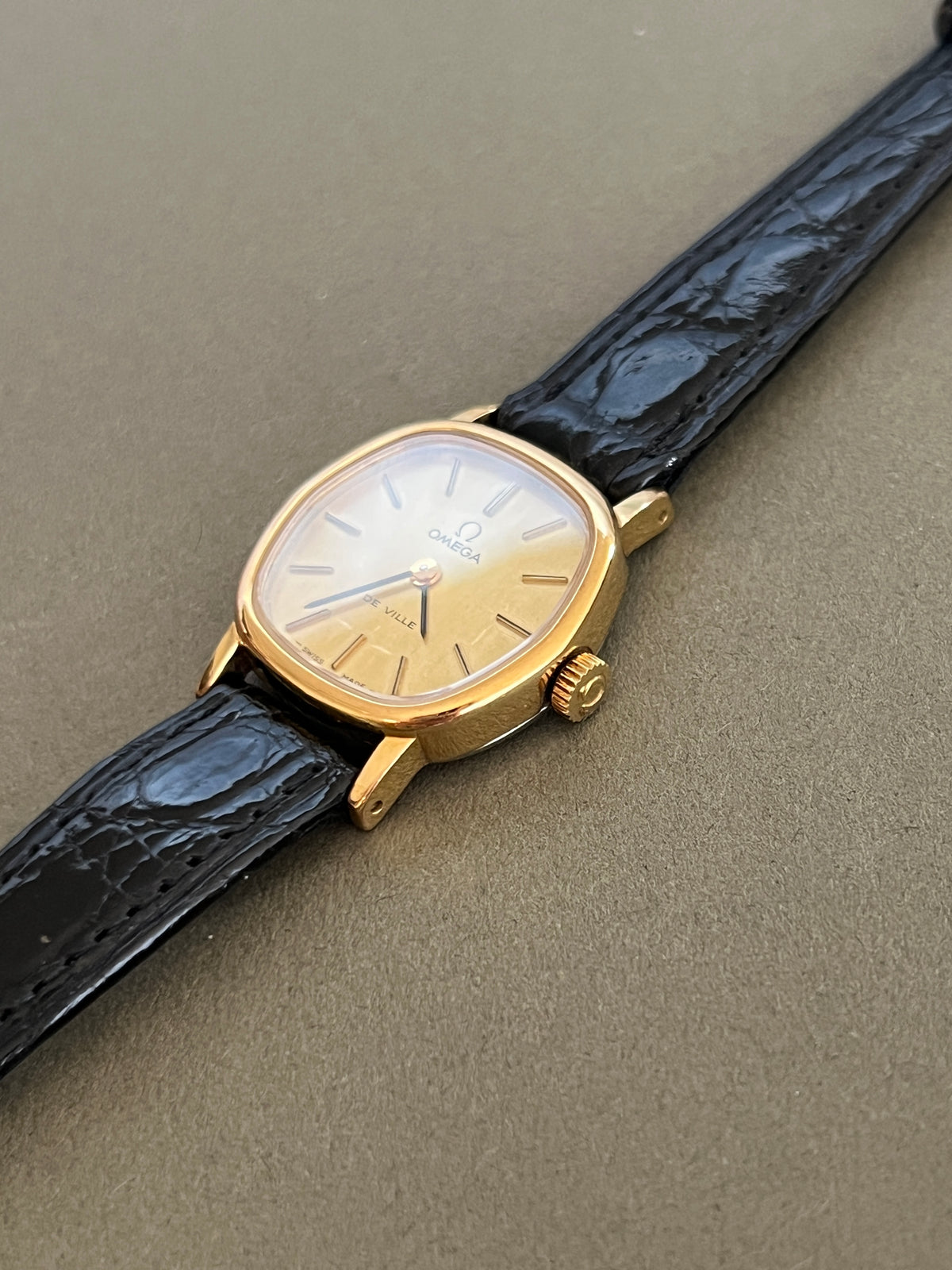 Omega De Ville Cushion Case Woman's Watch, dial close up of a vintage women's watch at Gilded Hour.