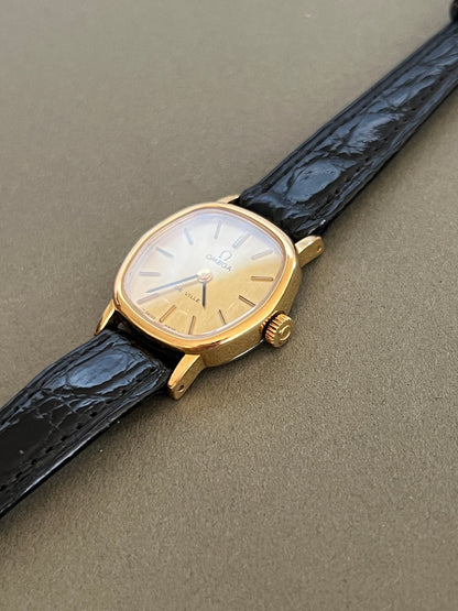 Omega De Ville Cushion Case Woman's Watch, dial close up of a vintage women's watch at Gilded Hour.
