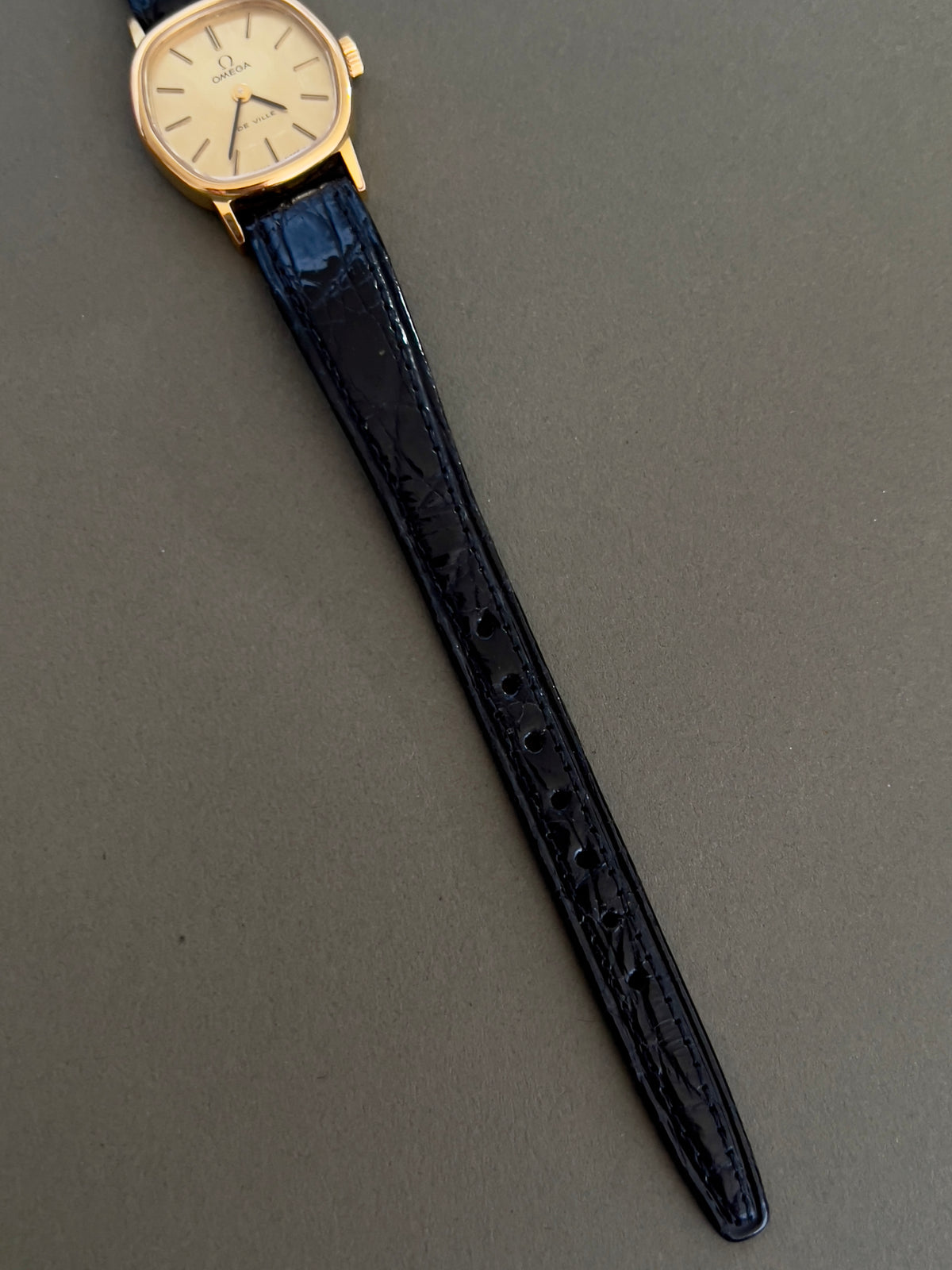 Omega De Ville Cushion Case Woman's Watch, case profile of a vintage women's watch at Gilded Hour.