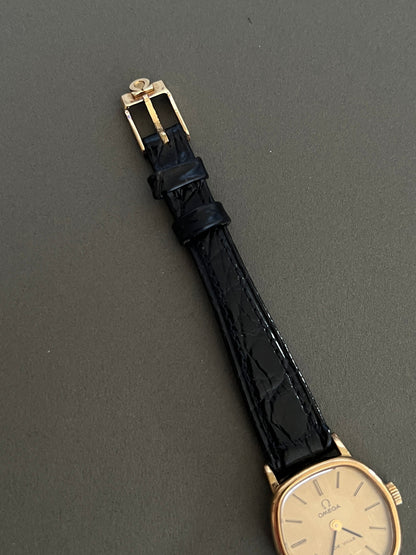 Omega De Ville Cushion Case Woman's Watch, bracelet detail of a vintage women's watch at Gilded Hour.