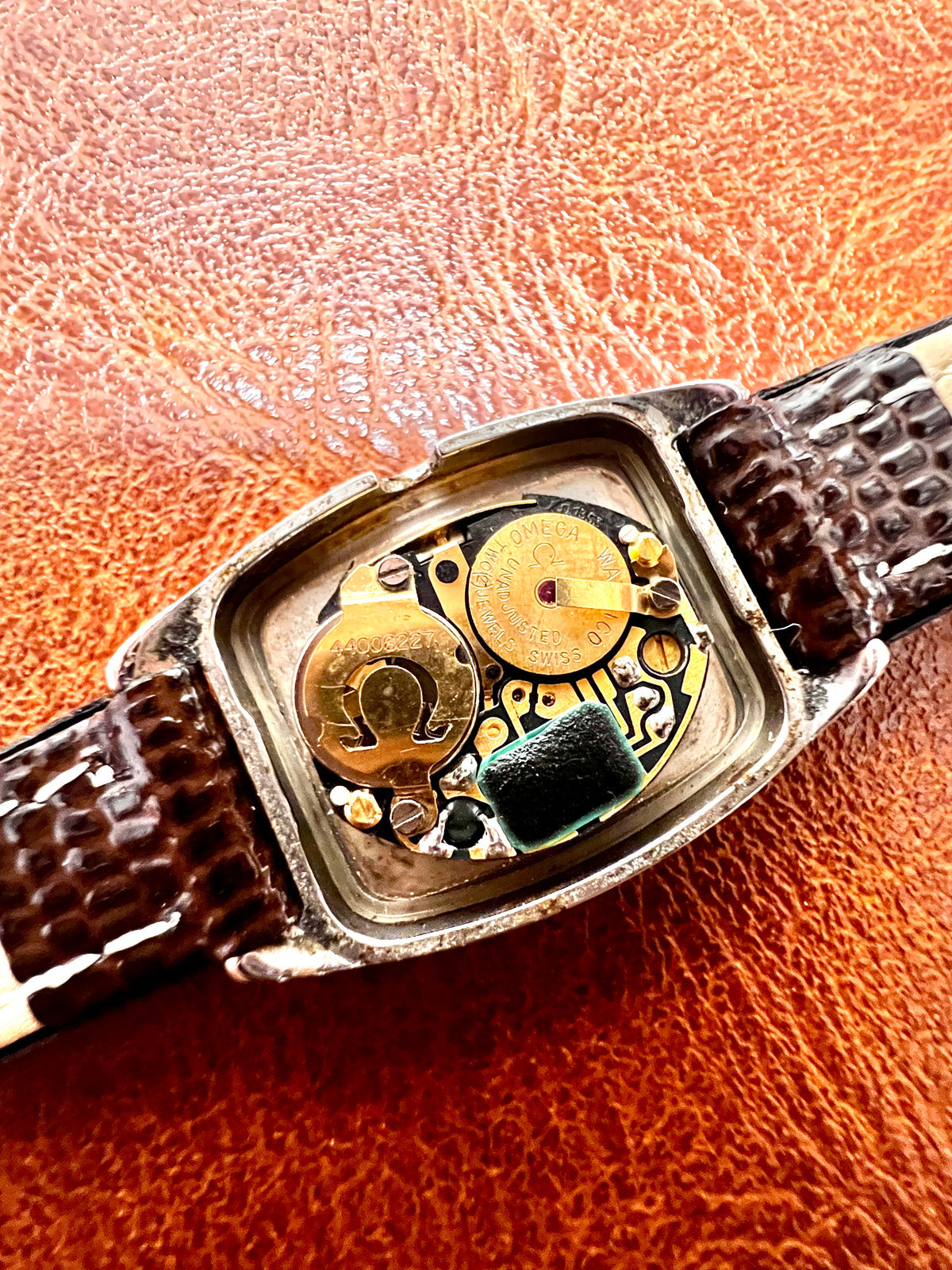 Omega De Ville Cushion Woman's Watch, dial close up of a vintage women's watch at Gilded Hour.